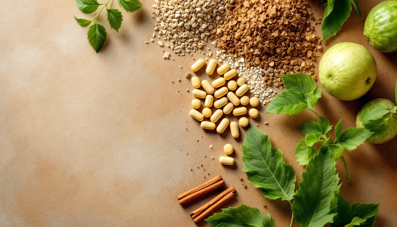 A spread of traditional blood-sugar herbs and a bottle of GlucoBalance